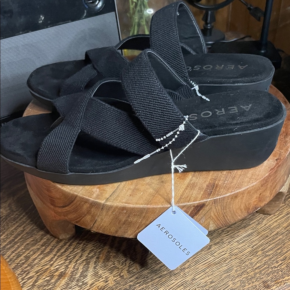 AEROSOLES Black Crisscross Wedge Sandals